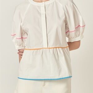English Factory White Blouse with Pink, Orange, and Blue Trim